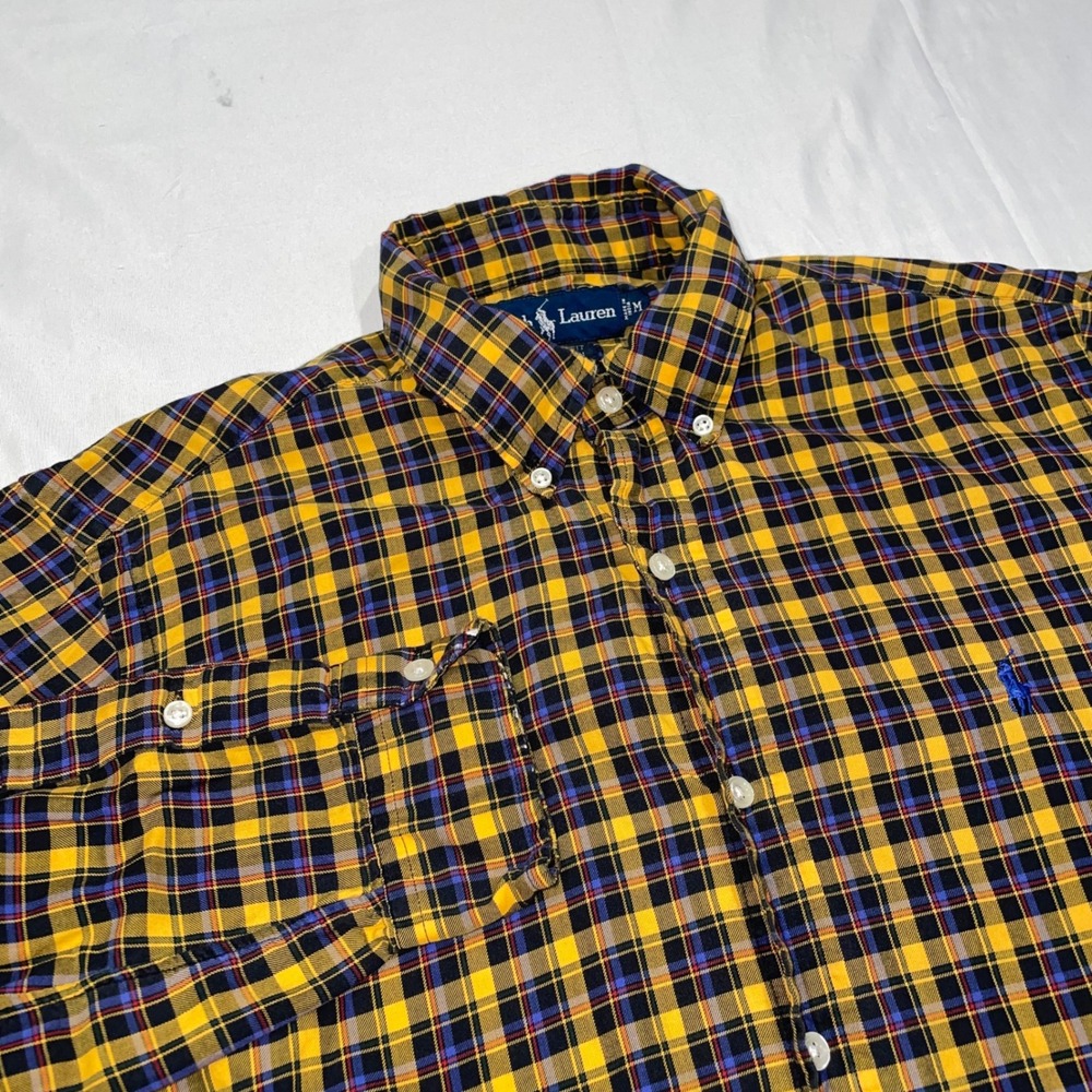 Ralph Lauren Mens Custom Fit Plaid Button‎ Down Shirt Yellow Blue Cotton Medium